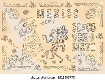 a dancing girl in a dress and a skeleton playing maracas