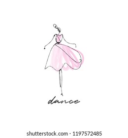 Dancing girl. Fashion model hand drawn sketch, stylized ink and watercolor silhouette isolated on white background. Vector illustration