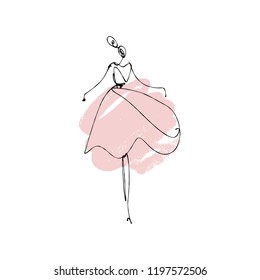 Dancing girl. Fashion model hand drawn sketch, stylized ink line silhouette isolated on white background. Vector illustration