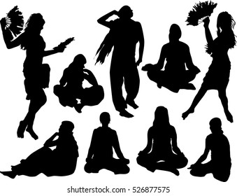 dancing girl flamenco with fan, lotus pose yoga, vector illustration set