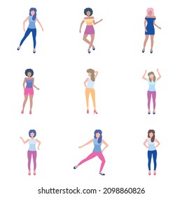 Dancing Girl Flat Icon Set Isolated On White Background