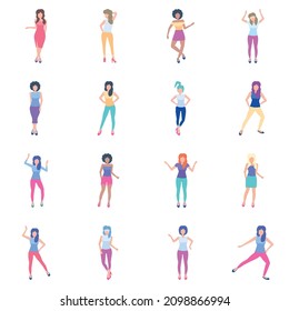 Dancing Girl Flat Icon Set Isolated On White Background