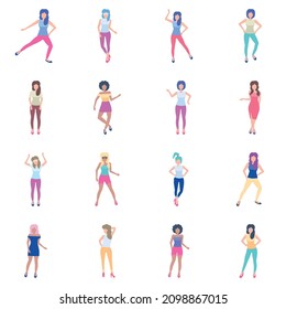 Dancing Girl Flat Icon Set Isolated On White Background