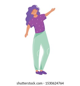 Dancing girl flat vector illustration. Holiday celebration. Adolescent person on fitness training. Happy smiling caucasian woman doing morning exercises isolated cartoon character on white background