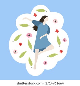 Niña bailarina con estampado floral aislada en azul. Vector de Pensamiento Positivo.