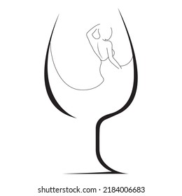 Dancing girl in a glass of wine in minimalist style. Design suitable for anti-alcoholism, banner, decor, clubs, cafes, bars, tattoos, logo for drinks, t-shirt printing. Isolated vector