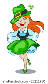 A dancing girl in a green skirt. Irish dancer. Vector clip art.