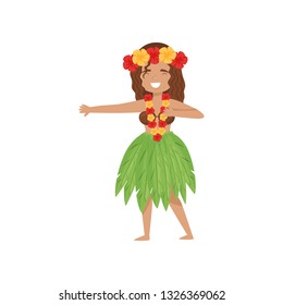 Dancing girl in Hawaii traditional dress. Character in hula skirt, coconut bra and flower lei. Flat vector design