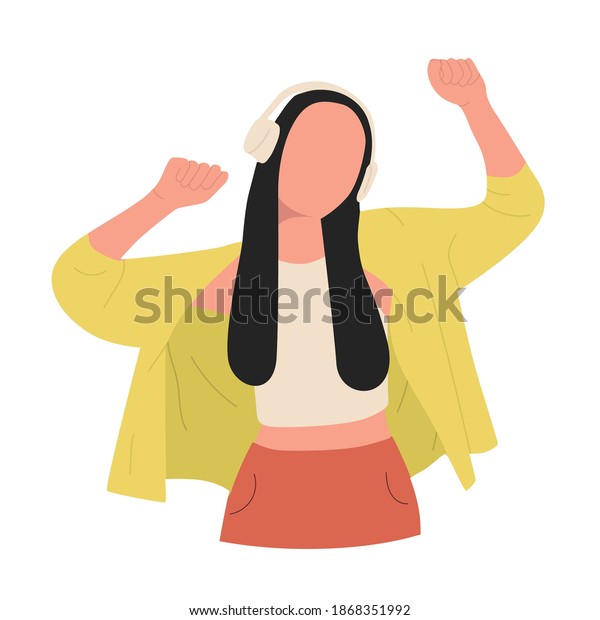 ヘッドフォンを持つ踊る女の子 楽しい娘が手を上げて音楽に合わせて踊る フラットイラスト 面なし のベクター画像素材 ロイヤリティフリー