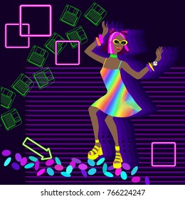 Dancing girl in a holographic dress, rave fashion 90's. Illustration in the style of vaporwave, aesthetics, glitch. Bright print with kitsch elements. Vector EPS 8