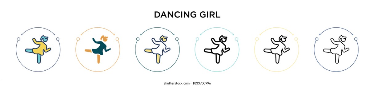 Dancing girl icon in filled, thin line, outline and stroke style. Vector illustration of two colored and black dancing girl vector icons designs can be used for mobile, ui, web