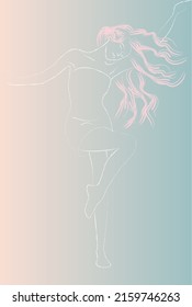 Dancing girl. Linear drawing on a colored background. Vector illustration