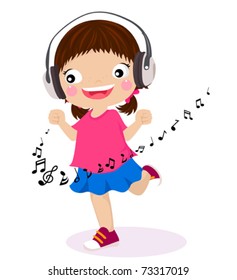 Dancing girl listen music in headphones