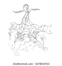 dancing girl in a long flower dress in a line