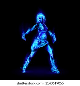 Dancing Girl Made of Blue Fire on Black Background