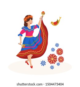 Dancing girl, mexican style, maracas, musical instruments, dance,  flowers and birds, white background, flat style, vector illustration