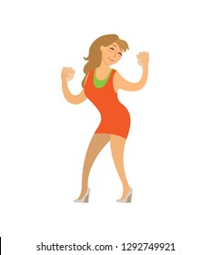 Dancing girl moving body on music isolated lady vector. Woman wearing short dress enjoying song on disco, happy female on party, partying hard lady