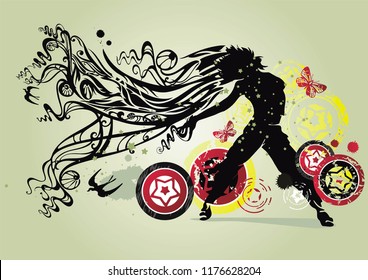 Dancing girl in a nightclub. Elegant template with young detailed silhouettes of woman. Vector illustration for print or background