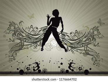 Dancing girl in a nightclub. Elegant template with young detailed silhouettes of woman. Vector illustration for print or background