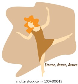Dancing girl on an abstract background. 
Red-haired girl. Flat colored vector illustration