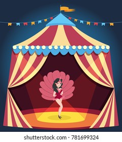 Dancing girl on circus arena. Entertaining show. Woman in burlesque corset costume with feathers. Carnival marquee decorated with colorful bunting. Flat vector design