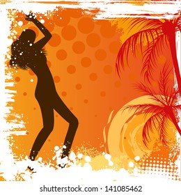 Dancing girl on orange grunge background with palm trees
