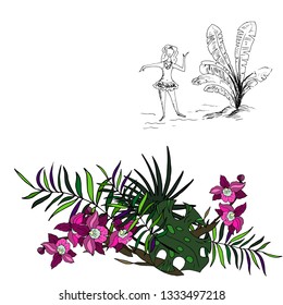 Dancing girl, palm and tropical flowers. Vector illustration.