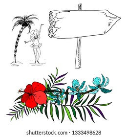 Dancing girl, palm, wood frame and tropical flowers. Vector illustration.