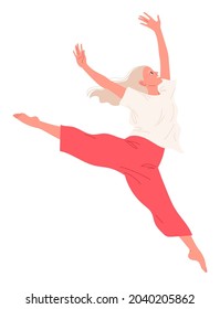 Dancing girl performs a jump with raised arms