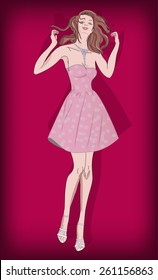 Dancing girl in a pink dress hands raised