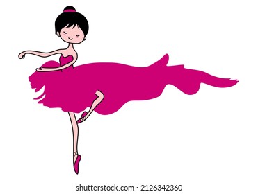 Dancing girl in a pink long skirt. Cute little character ballet dancing vector illustration