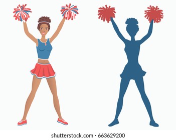 Dancing girl with pom-poms and her silhouette. Vector illustration EPS-8.