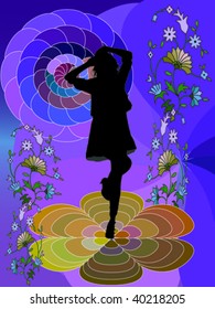 dancing girl in a psychedelic dance, trance background