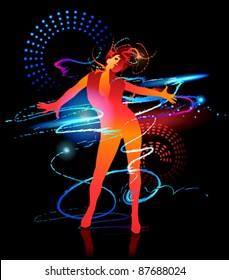 The dancing girl with shining splashes on a black background. Vector illustration.