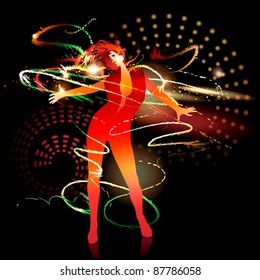 The dancing girl with shining splashes on a dark background. Vector illustration.
