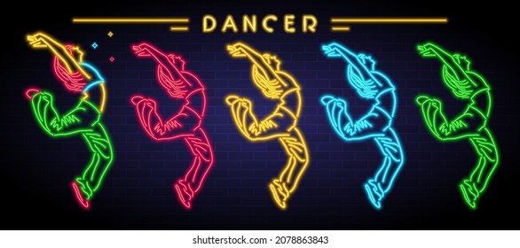 Dancing Girl Silhouette Neon Light Glowing. Vector Neon Light Illustration