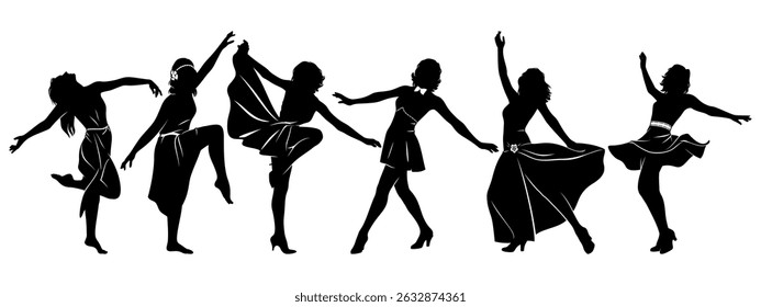 Dancing Girl Silhouettes. Vector cliparts isolated on white.