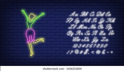 Dancing girl in spring dress neon sign. Woman wearing tulip shaped skirt on brick wall background. Vector illustration in neon style for billboards, banners, seasonal advertising