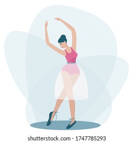 A dancing girl is standing in a beautiful pose. Ballerina in a beautiful tender skirt. Beautiful face of a girl in profile. Hair is neatly tidied up. Flat vector illustration.