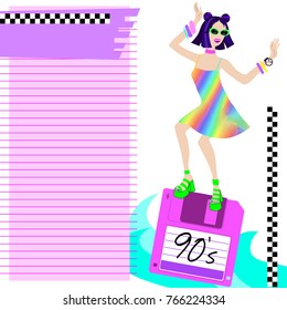 Dancing girl standing on a floppy disk. Fashion 90's. Illustration in the style vaporwave, aesthetics. Template for invitation, flyer. Bright print with kitsch elements. Vector EPS 8