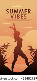 Dancing girl at sunset . Young woman enjoying life. Summer poster with female silhouette