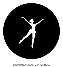 A dancing girl symbol in the center. Isolated white symbol in black circle. Vector illustration on white background