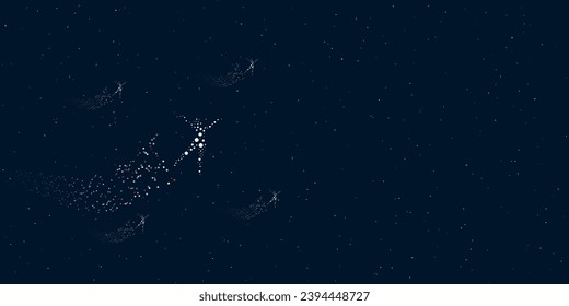 A dancing girl symbol filled with dots flies through the stars leaving a trail behind. There are four small symbols around. Vector illustration on dark blue background with stars