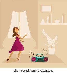 Dancing girl with type recorder. Stay home and dance. Period of self isolation and social distancing. Dancing girl. Beautiful lady is dancing. Vector illustration.