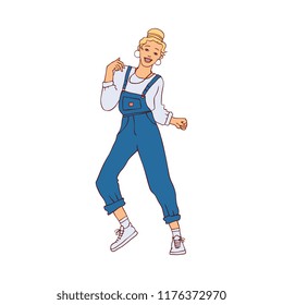 Dancing girl vector illustration - young woman in casual clothes having fun and doing rhythmic movements in sketch style isolated on white background. Hand drawn female dancer.