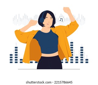 Dancing girl while Listening to the music in headphones, choosing sound track, song, play list, podcast on phone concept illustration