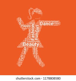Dancing girl word cloud vector design creative concept. Dancing girl icon shape. Trendy vector word collection.