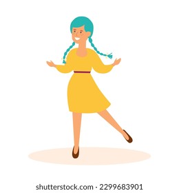 Dancing girl in yellow dress isolated on white background, cartoon style vector illustration.