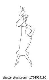 Dancing girl, young woman. Hand drawn. Line art. Beautiful girl, happy. Party. Black and white. Minimalism.
