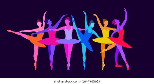 Dancing girls ballerinas in neon colors on a dark blue isolated background. Vector illustration of beautiful women dancing graceful dance in flat style